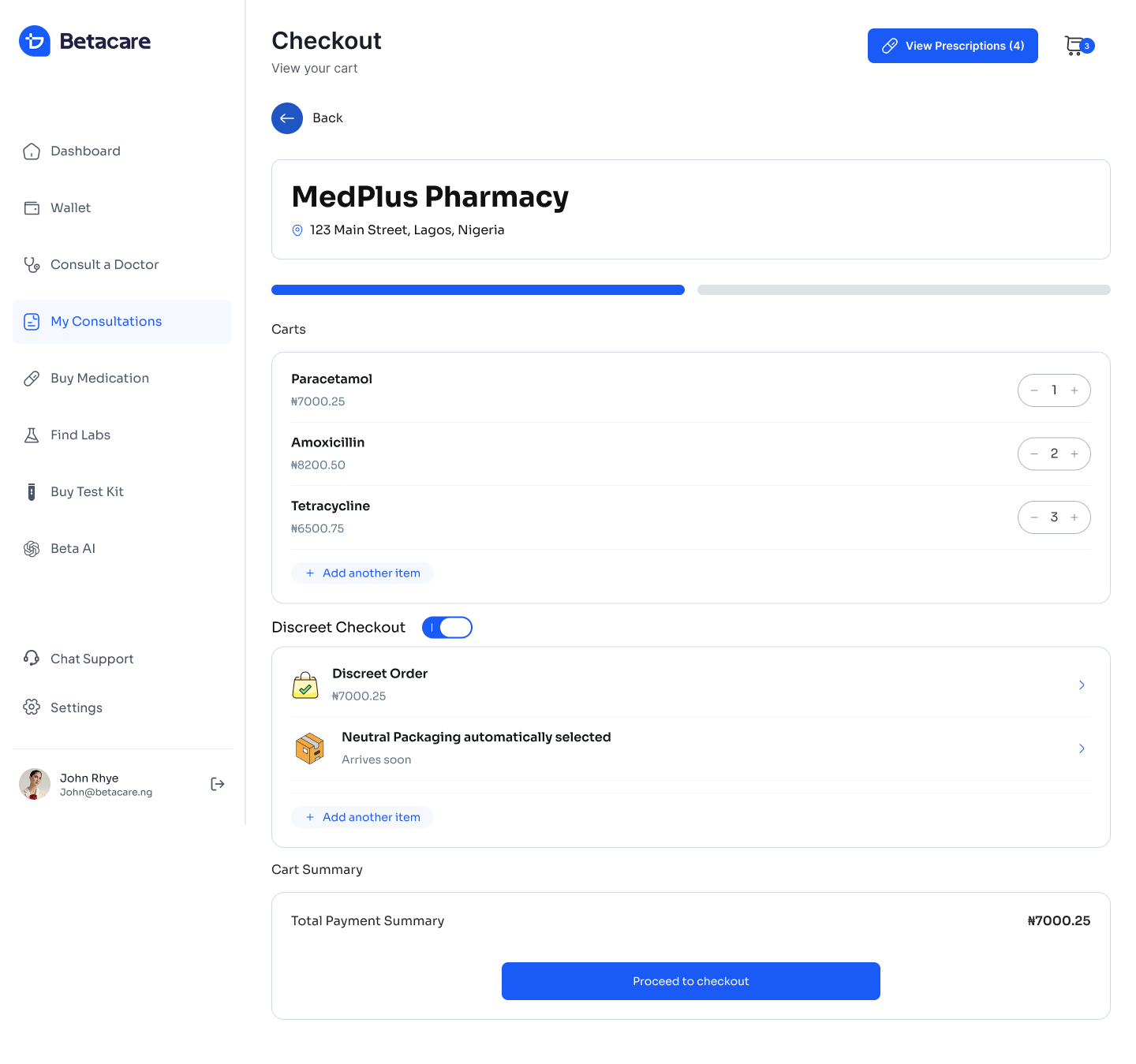 BetaCare Pharmacy desktop interface view