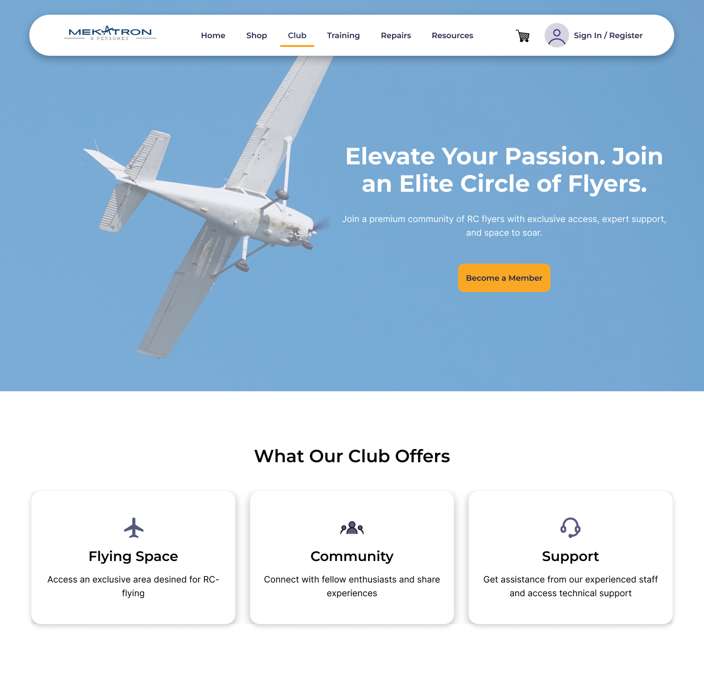 Mekatrone club section desktop interface